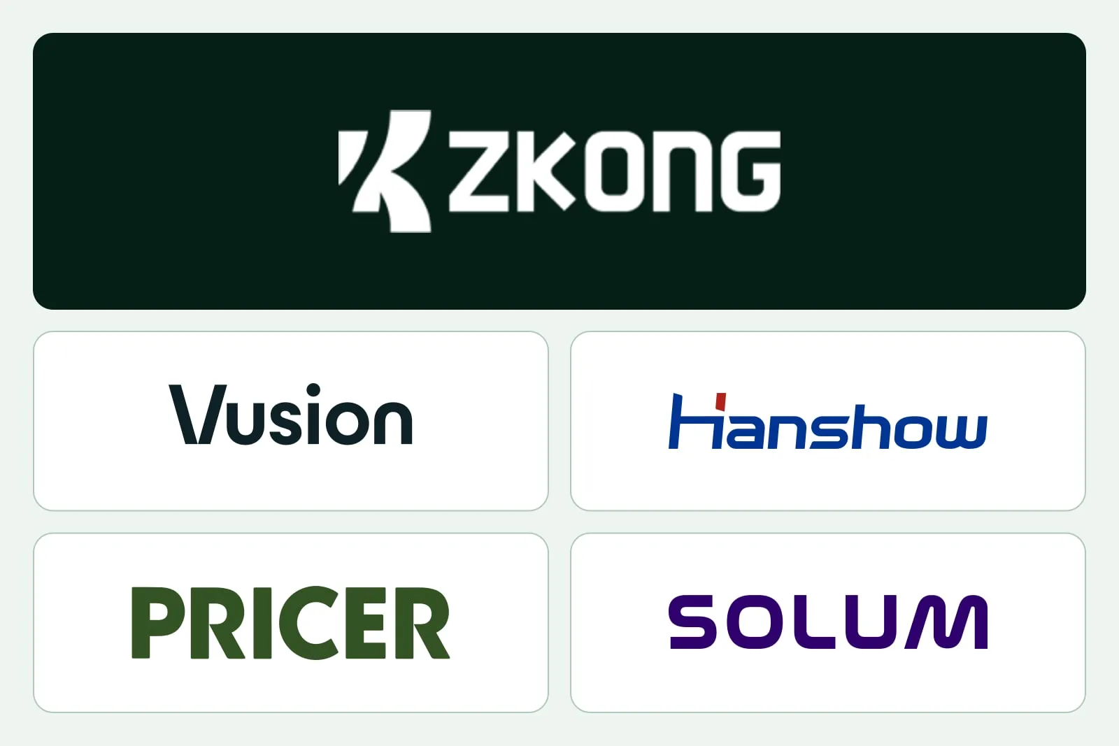 Логата на ZKONG, VusionGroup, Hanshow, Pricer и SoluM